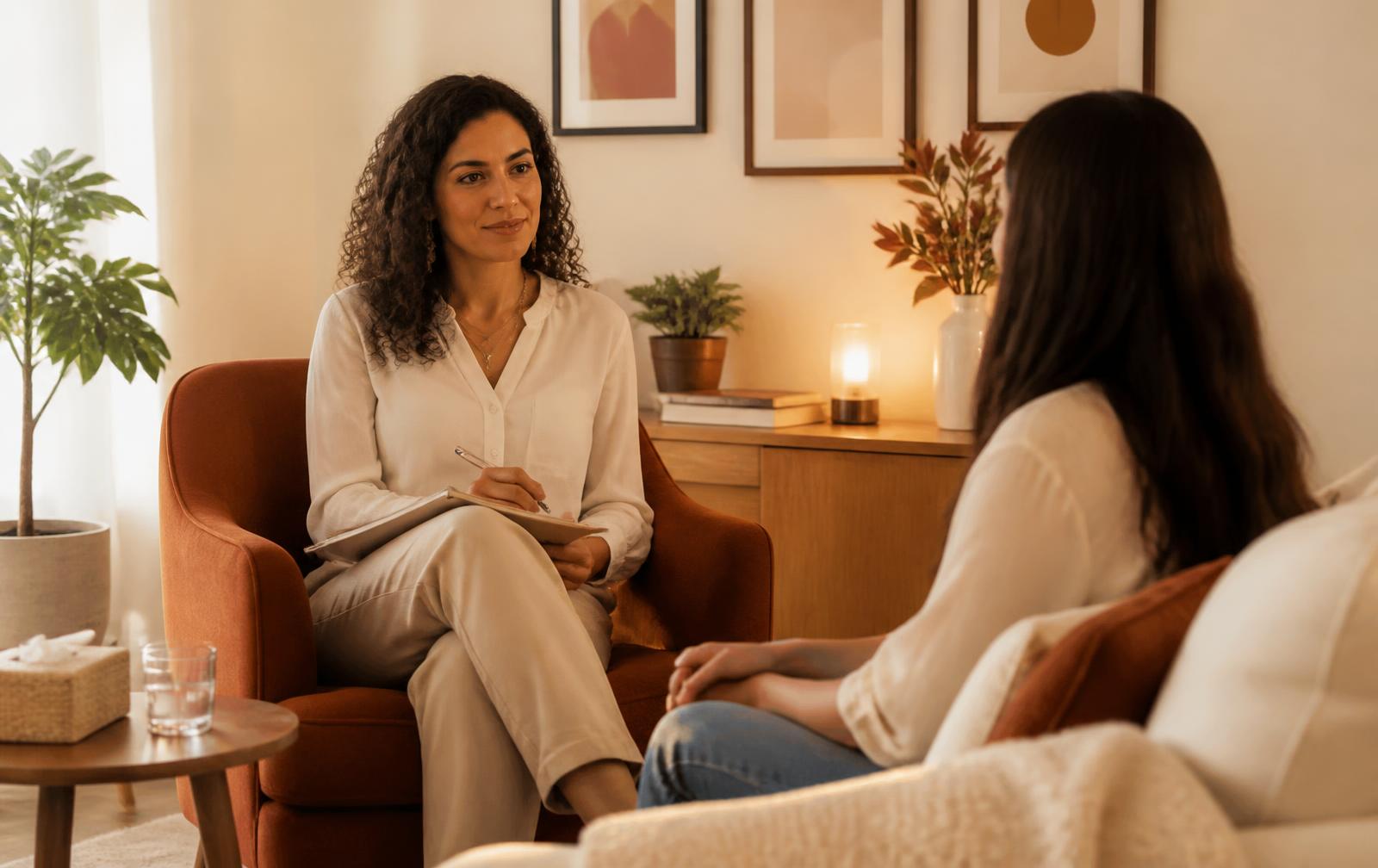 Terapeuta e paciente conversando em sala de atendimento acolhedora